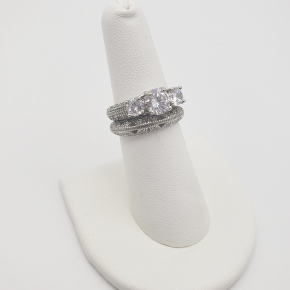 S925 Sterling Silver Filigree CZ Wedding Ring Set - Picture 2 of 4